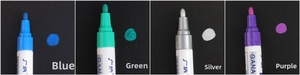 Detail shot of blue, green, silver, and purple paint pen nibs with round ink swatches