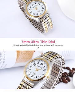 Detail view of 7mm ultra-thin white watch face with black numerals and gold-tone strap