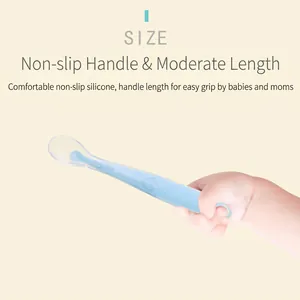 Soft silicone baby feeding training spoon with non-slip blue handle for infant self-feeding