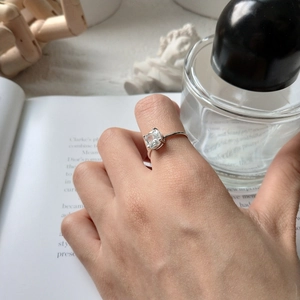 925 Sterling Silver Ring Square Princess Cut Zircon Prong Setting Adjustable Open Band Elegant Jewelry For Women
