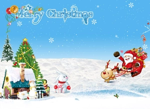 Detailed Christmas illustration with Santa, reindeer, and snowman on a blue snowy background