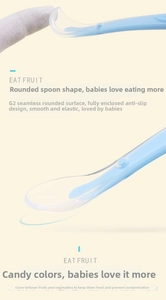 Detail of candy blue baby silicone training spoon with anti-slip handle and fresh-keeping lid