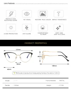 Size chart showing metal cat-eye frame dimensions and UV400 anti-blue light features