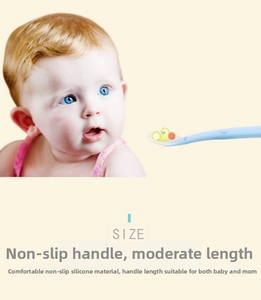 Detail of light blue silicone baby spoon with non-slip handle and ergonomic design