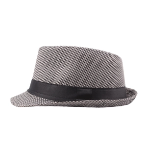 Retro British houndstooth jazz fedora hat with black satin ribbon for summer sun protection