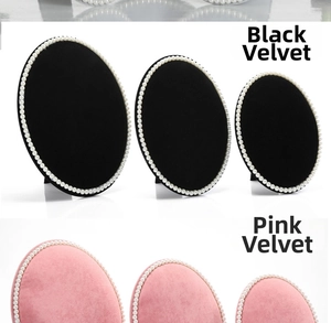 Oval velvet jewelry display boards with pearl edges in black and pink various sizes