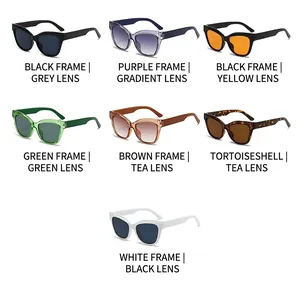Collage van zeven trendy cat-eye zonnebrillen in verschillende kleuren en monturen