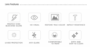 Frameless punk sunglasses features icons showing UV400 protection and HD visual clarity