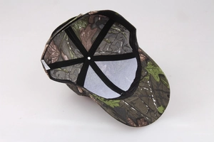Internal structure of camouflage baseball cap showing sweatband and reinforced stitching