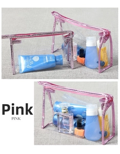 Close-up of pink trim transparent PVC makeup bag showing large capacity for toiletries
