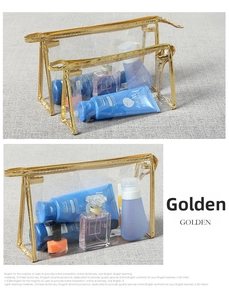 Detail view of golden transparent PVC waterproof makeup storage bags