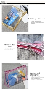 Detail of durable PVC makeup bag with reinforced golden metal zipper and waterproof texture
