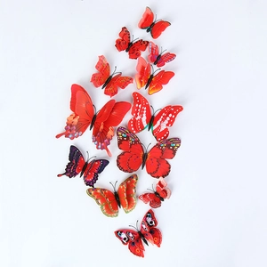 Detailed set of 12 red 3D butterfly wall stickers in various sizes on a white background