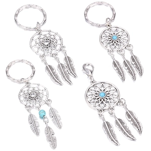 Silver dreamcatcher keychains with turquoise beads, feathers and lobster clasps