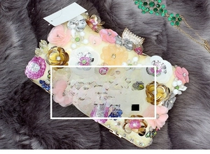 Close-up of luxury bridal evening bag with 3D floral sequins and sparkling rhinestones