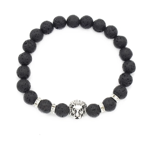 Lava stone bead bracelet with silver lion head charm on clean white background