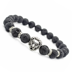 Men Beaded Bracelet With Lava Stone Alloy Lion Head And Rhinestone Spacers Hip Hop Punk Style Jewelry