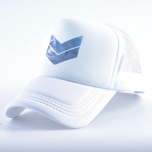Side view of white mesh trucker hat with blue surfer graphic and breathable side panels