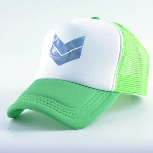 Detail view of surfer trucker hat with lime green mesh and blue wave print on white front