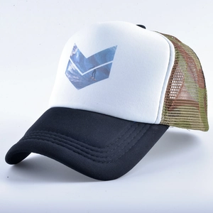 Detail view of surfer trucker hat with camouflage mesh and printed graphic on white panel