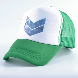 Detail showing the green mesh back and surfer print on a white baseball cap