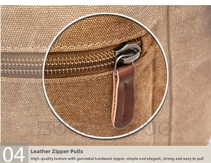 Detail view of durable leather zipper pulls and gunmetal hardware on brown canvas backpack