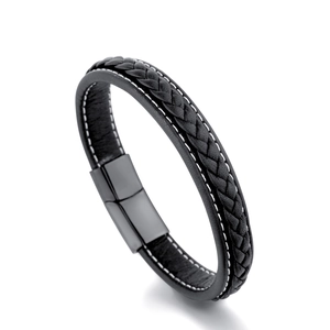 Braided black leather bracelet with white stitching and stainless steel magnetic clasp