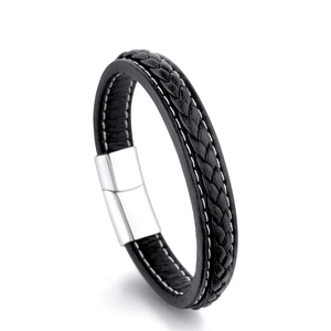 Braided black genuine leather bracelet with a polished stainless steel clasp for men and women