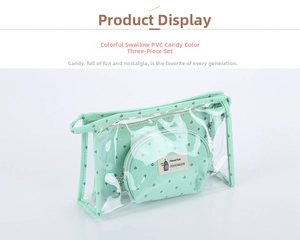 Three-piece travel toiletry set with clear PVC handle bag and mint green swallow print pouches