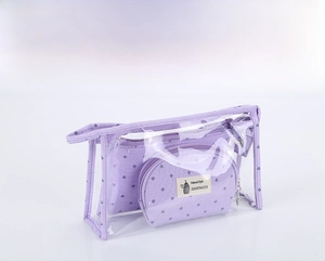 Detail of purple 3-piece clear travel toiletry bag set with zipper and handle