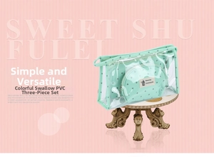 Detail of mint green PVC 3-piece toiletry bag set with swallow prints and clear texture