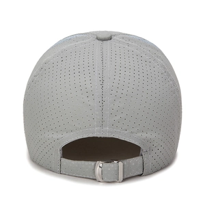 Quick-dry grey baseball cap with laser-perforated vents and adjustable metal buckle