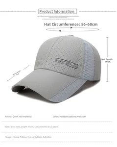 Detailed size chart of a grey quick-dry baseball cap with mesh and 7cm brim length