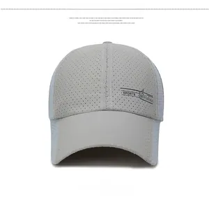 Detail of grey quick-dry baseball cap featuring breathable mesh and Sports Fashion logo