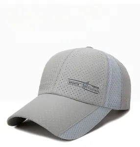 Detail of light gray quick-dry baseball cap featuring breathable perforated mesh side panels