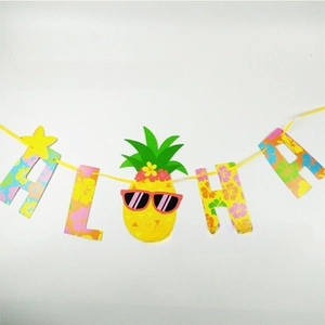 Tropical ALOHA banner set with colorful letters and pineapple wearing sunglasses