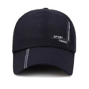 Navy blue breathable sport cap with quick-dry mesh and stylish athletic lettering