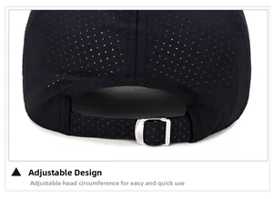 Detail of adjustable metal buckle and breathable mesh fabric on black summer sports cap