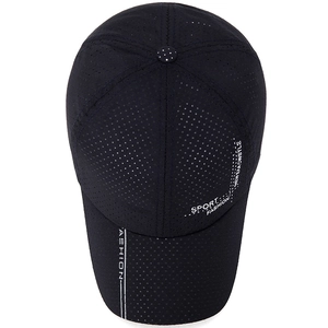 Quick-dry black mesh sports cap with breathable perforated fabric for outdoor sun protection