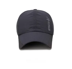 Detail of dark grey quick-dry sports cap with breathable mesh and SPORTS logo text