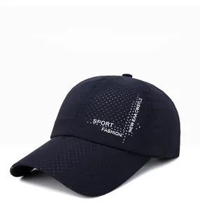 Close-up of breathable perforated fabric and sport fashion embroidery on navy baseball cap