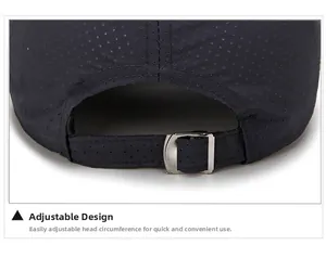 Detail of laser-cut perforated vents and adjustable metal buckle on quick-dry sports cap