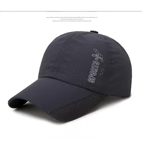 Detail of dark grey breathable mesh sports cap with sports logo and side ventilation holes