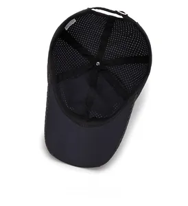 Interior view of black quick-dry baseball cap featuring breathable mesh and inner lining