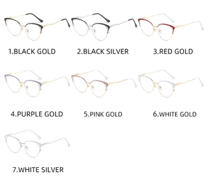 Matrix display of fashion cat-eye frames in seven colors like black gold and pink gold