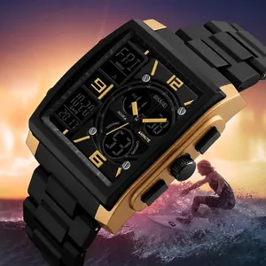 Mens digital sports watch with black and gold dual display and 50M water resistance