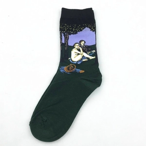Artistic retro oil painting socks featuring Manet's Luncheon on the Grass in dark green