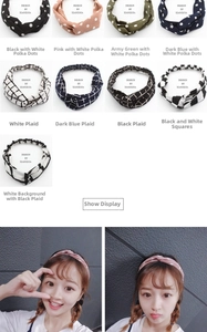 Detail of floral and checkered fabric headbands in various colors for women