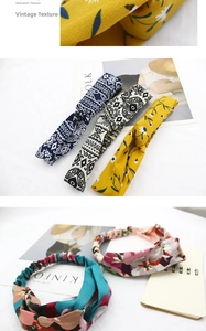Detail view of floral fabric headbands featuring bohemian patterns and elastic design