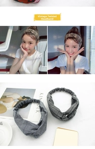 Detail of gray and houndstooth check crisscross headbands with elastic back band